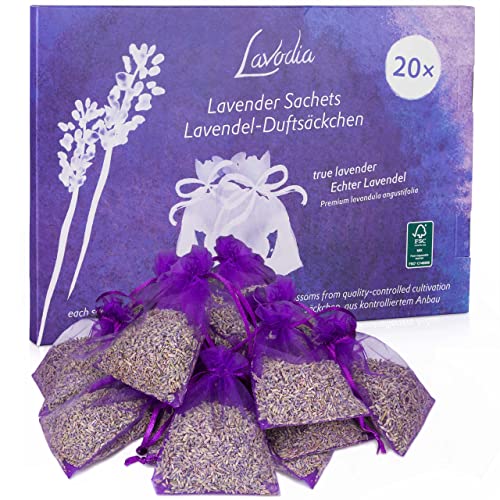 Saquitos de Lavanda: 20x saquitos para Armario, Cama y guardarropa – Lavanda Seca como ambientador del hogar o saquitos para el Armario de la Ropa – 20x 6g bolsitas de Lavanda para Armario de Lavodia