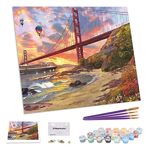 TAHEAT Pintura al óleo DIY por números, paisaje, lienzo de pintura al óleo del puente de San Francisco para adultos y dibujo principiante pintura por números con pinceles sin marco, 16 x 20 pulgadas
