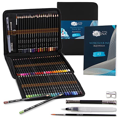 Artina Set con 78 lapices de acuarela para todas las edades Aquarellia – Para todas las edades, lapices solubles en agua con certificación FSC e irrompibles