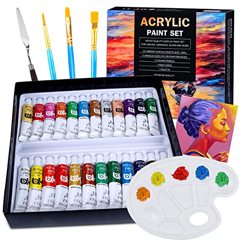 VICBAY 24 Tubos Pinturas Acrílicas para Pintar, Myada Juego de Pinturas Acrílicas, Paquete de 24 x 12 ml, 3 Pinceles, 1 Tableros de Dibujo, 1 Raspador, 1 Paleta, No Tóxicos para Principiantes o Niños