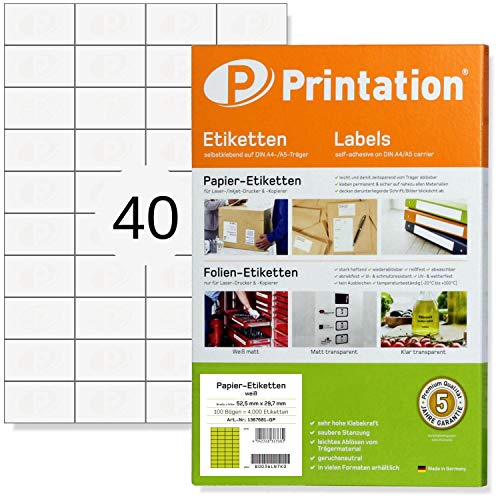 Etiquetas universales 52,5 x 29,7 mm / 52.5 x 29.7, 4000 unidades / 40 en cada hoja, 100 hojas, color blanco, adhesivas, 4461 4610 4392 LA111