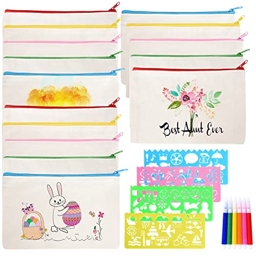 FORMIZON 15pcs DIY Estuche de Lápices, Bolsa de Maquillaje de Lona, Bolsa para Pintar, con Bolígrafo de Color, Bolsas Portalápices en Blanco, Bolsa Tela Cremallera, para Escuela, Viajes, Oficina