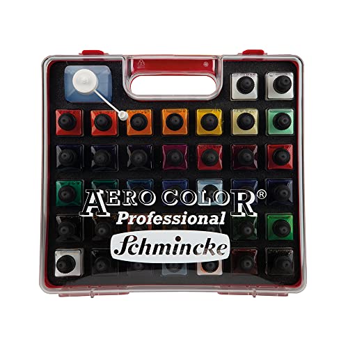 Schmincke - AERO COLOR® Estuche profesional de plástico, 37 x 28 ml de colores acrílicos líquidos finos + AERO CLEAN RAPID, 81 136 097, aerógrafo, pintura acrílica, técnica mixta, tinta acrílica.
