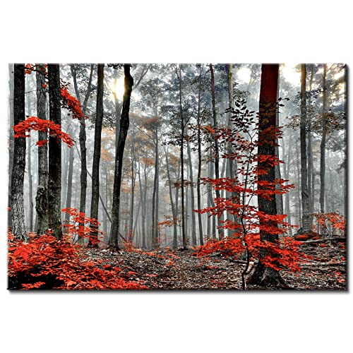 Lienzo forestal, decoración de pared, luz del sol a través de hojas rojas, impresión giclée, pintura moderna para decoración del hogar, árboles silenciosos, fotografía para sala de estar, dormitorio,