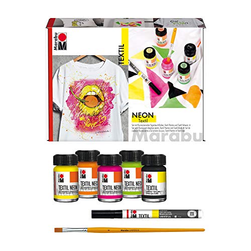 Marabu 1711000000080 - Kit de pintura textil fluorescente brillante para telas claras, brilla en la luz negra, 4 x 15 ml de color neón, 15 ml de pintura textil, rotulador y pincel