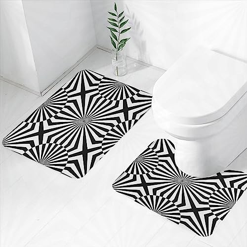 Alfombrilla de Baño Antideslizante, Ilusión óptica Op Art Patrón Monocromo Composición gráfica Rayas al.Black White Alfombra de Baño Súper Absorbente de Agua, Alfombra de Baño Cómoda y Transpirable