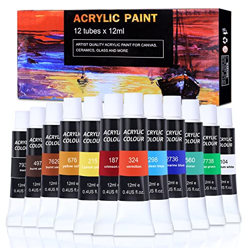 Aottom Pinturas Acrilicas Set, 12 Colores Acrylic Paint para Lienzos, Madera, Cristal, Piedras Pinturas Acuarelas Permanente para Niños Principiantes o Profesionales, 12ml Pintura Manualidades