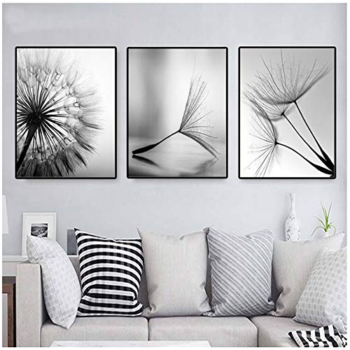 Cuadro en lienzo Naturaleza Diente de león Flor Moderno Negro Blanco Lámina Artística Cuadro abstracto Cartel Sala Decoración para el hogar 50x70cm (19.7