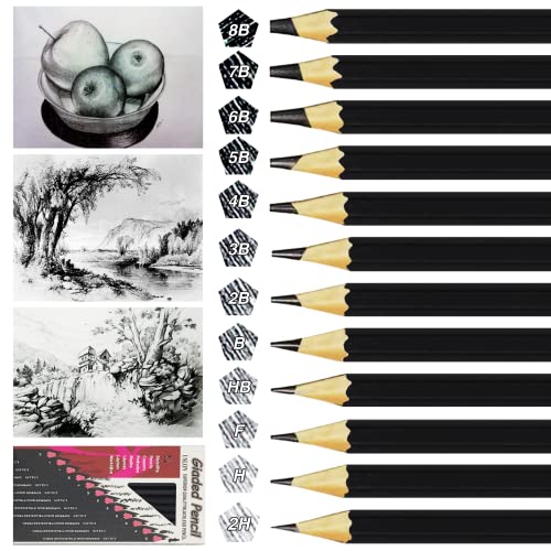 OWLKELA 12pcs Lápiz, Lapices 2H H F HB B 2B 3B 4B 5B 6B 7B 8B, Lapices de Grafito - Creaciones Artísticas, Dibujos, Bocetos (Paquete Caja de Cartón)