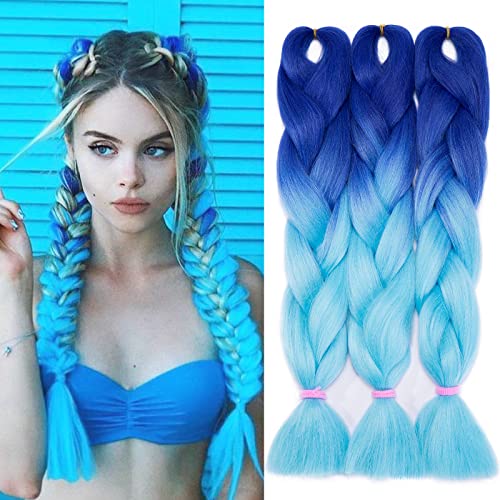 3 pcs/300g 60CM dos Ombre trenzado fibra Cabello Extensiones de pelo sintético trenzado Braids Extensiones de clip de pelo Natural Azul oscuro a azul claro