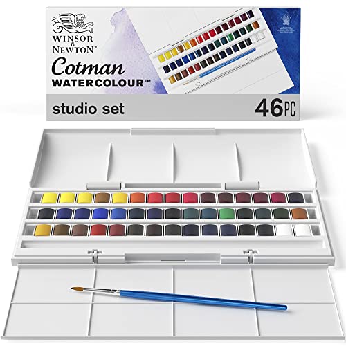 Winsor & Newton Acuarela Cotman, set de estudio, 45 medias sartenes y 1 pincel redondo para acuarela Cotman
