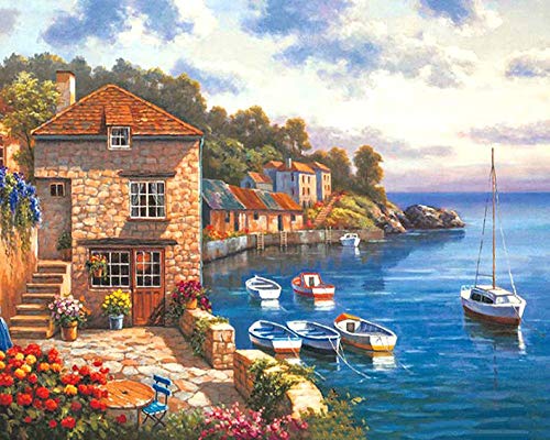 Pintar por números para niños adultos kit de pintura al óleo DIY Principiante - Hermoso paisaje del puerto y el puerto del barco 308