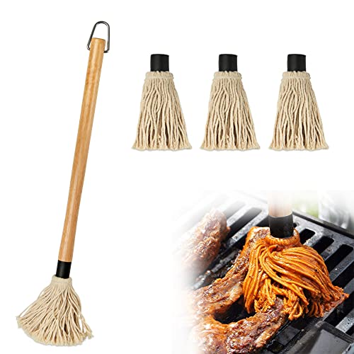 Cepillo de Barbacoa, Cepillo para Parrilla Pincel para BBQ con Mango de Madera Cabezal de algodón Lavable con 3 Cabezales de Repuesto Extra para Asar a la Parrilla