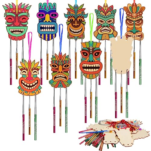 WEDNOK 9 Piezas Carillón de viento del Madera Tiki Kits,DIY Manualidades de Tiki Bar,Arte Woodcraft Accesorios Kits para regalo de cumpleaños Barware hecho a mano Cumpleaños Hawaiian Party Decor