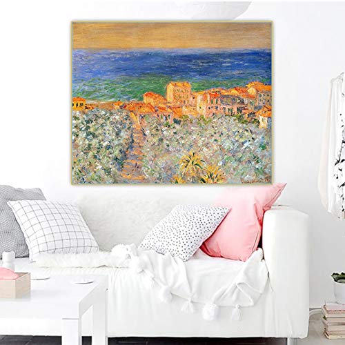 SDVIB Claude Monet 《 Burgo Marina en Bordighera, 1884 》 Lienzo Pintura al óleo Obra de arte Imagen Decoración del hogar Arte de la pared Impresión en lienzo 60x80cm Sin marco
