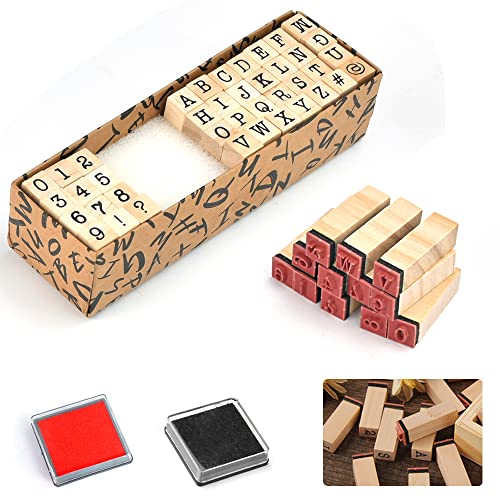 QINERSAW 40 Juegos de Sellos de Letras del Alfabeto de Madera A-Z y 0-9 Sellos del Alfabeto de Madera y 4 Símbolos con 2 Almohadillas de Tinta para álbumes de Recortes y Arte DIY