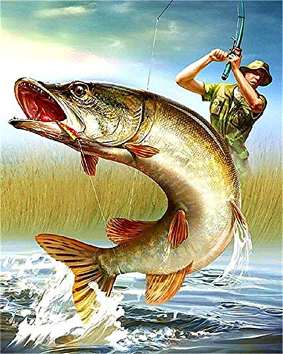 Kit de pintura por números para adultos principiantes y niños, pintura al óleo por números, kit para adultos y niños principiantes, 40,6 x 50,8 cm, peces y hombres (sin marco).