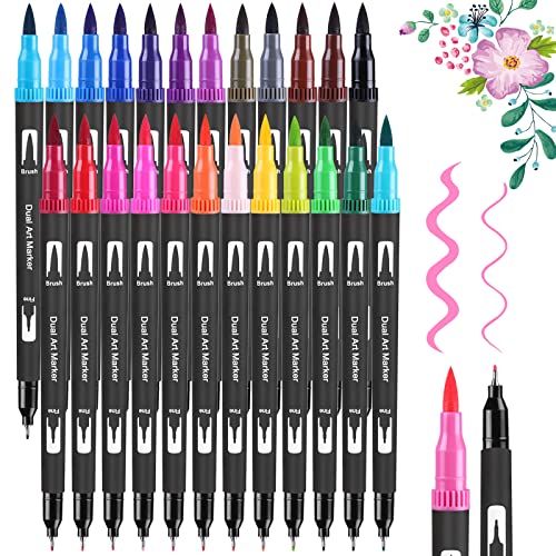 FURNIZONE Rotuladores Lettering 24 Rotulador Doble Punta Pincel con Fino (0,4mm) y Grueso (1-2mm) Brush Pen Para Caligrafía Dibujo Coloreado Mandalas Marcadores para Niños