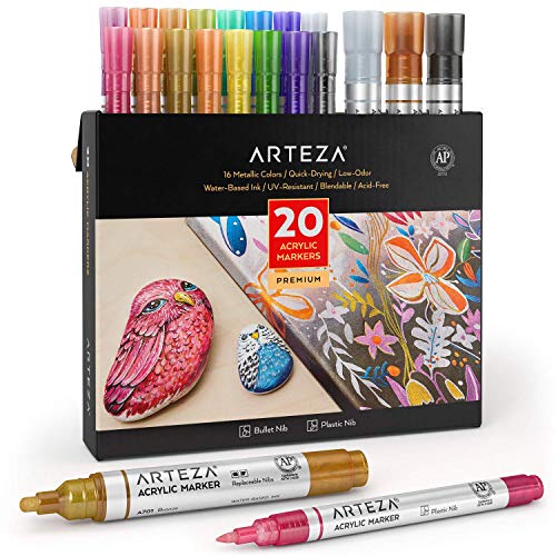 ARTEZA Rotuladores acrílicos metálicos, Juego de 20 Rotuladores Acrílicos Duraderos, 16 con Punta de Plástico y 4 con Punta de Bala, Para Pintar en Piedra, Cerámica, Vidrio, Madera y Tela