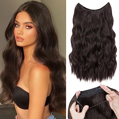 TESS 60 cm Extensiones Hilo Invisible Pelo Natural, Castaño Oscuro Extensiones Pelo Natural Ondulado 150g Extensiones de Pelo Sintético