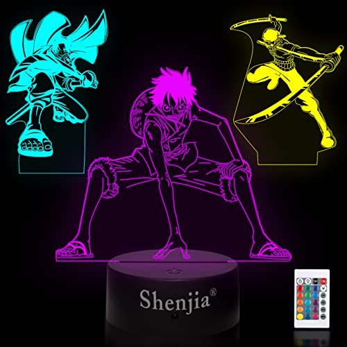 Shenjia ONE PIECE 3 en 1 - Gadget de una pieza - Lámpara de noche ilusión 3D con luces LED acrílicas RGB que cambian de color para decoración de dormitorio infantil, regalos para fans.
