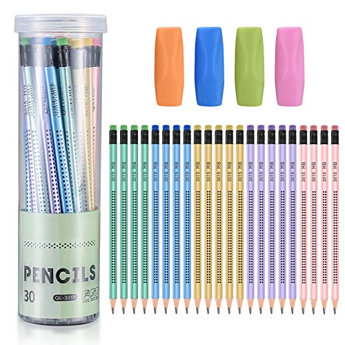 30 Piezas Lápices HB, Lápiz con Borrador, Lápiz de Madera para Niños con 4 Ayuda de Escritura para Estudiantes Escuela/Oficina/Escritura/Bocetos/Bosquejos/Herramientas de Dibujo Lápices