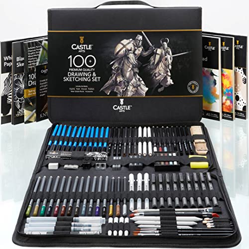 Castle Art Supplies Estuche 100 Uds Dibujo y Esbozo | Lápices+Barras de Grafito, Carboncillo, Pastel, Metálicos, Solubles, Rotuladores Punta Fibra | Artistas y Profesionales | Resistente Estuche Viaje