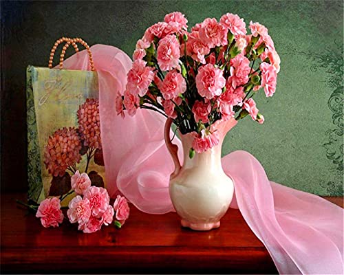 YEESAM ART Artículo de arte rosa Eustoma, para pintar por números adultos, 16 x 20 pulgadas, pintura al óleo, pintura al óleo, arte de pared (rosa, con marco)