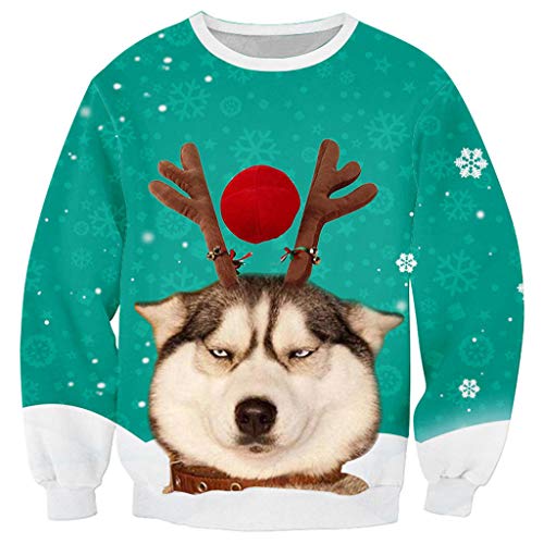 Yowablo Sudadera de manga para mujer O-cuello Tops Navidad 3D suéter largo impreso blusa blusa mujer camisas manga larga para mujer vestido, verde, M