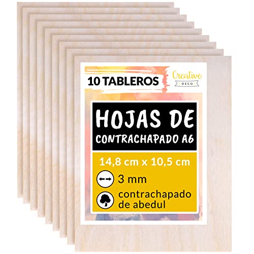 Creative DECO 10 x A6 Tablero Madera Contrachapado | 148 x 105 x 3 mm (+/- 0.5mm) | Manualidades Chapa Maciza Abedul para Bricolaje | Ideal para Pirograbado, Corte por Laser, CNC Router, Modelado