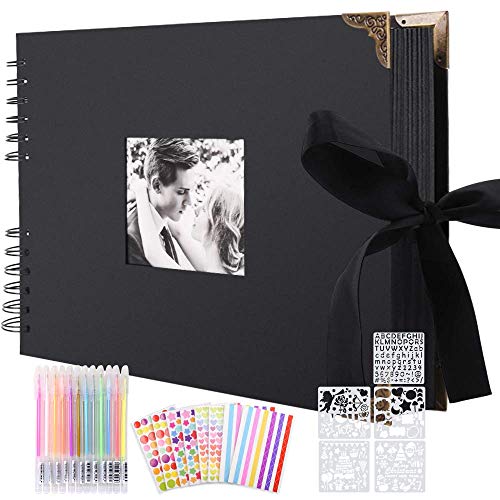 Album de Fotos Scrapbook Espiral, 80 Páginas Negras con 2pcs Photo Corners 6pcs Pegatinas 5pcs Plantillas 12 Rotuladores de Colores, para Boda Aniversario Cumpleaños Navidad