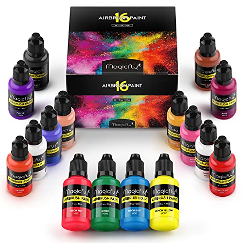Magicfly Pinturas Acrílicas para Aerógrafo, 16 Colores/30ml Airbrush Colores para Múltiples Superficies Atóxica, Pintura para Madera, Piedra, Pared, Lienzo