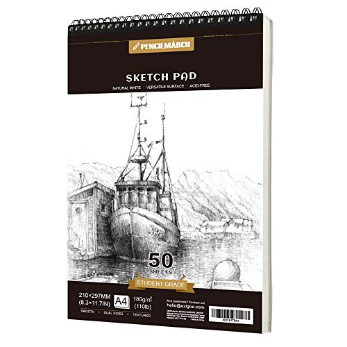 PENCILMARCH Cuaderno de Bocetos A4 en Espiral - 1 Paquetes Bloc Encuadernado Dibujo Profesional para Niños, Adultos, Dibujar y Hacer Bocetos Para Esbozar 180 gsm Papel 100 Páginas (50 Hojas)