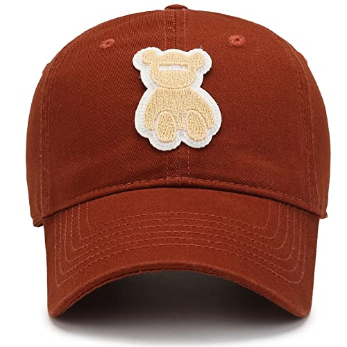 LEMITA Preppy Lindo Dibujo Animado Osos de béisbol de Capota Suave Cuatro Estaciones Sombrero de Calle Gorra de Patada, Rojo ladrillo, Ajustable