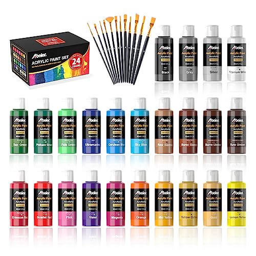 ABEIER Pintura Acrilica, 24 Colores × 60ml, Kit de Pinturas Acrilicas con 12 Pinceles, No Tóxico, Impermeable, para Lienzo, Madera, Cerámica, Tela, para Artistas, Principiantes y Niños