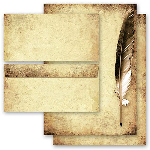 Juego completo de 20 componentes Antiguo & Historia, PLUMA EN PAPEL VIEJO 10 hojas estampadas + 10 sobres estampados DL, sin ventanas | Paper-Media