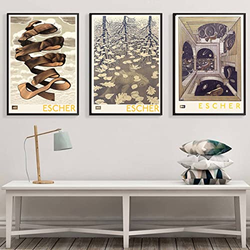 M.C Escher Posters Obras de arte abstractas Exposición Arte de la pared M.C Escher Pintura en lienzo retro Galería Impresiones Imágenes para la decoración del hogar 50x70cmx3 Sin marco