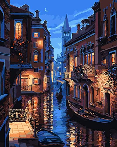 Fuumuui Pintura por Números Adultos y Niños Principiantes Incluye Pinceles y Pinturas Acrílicas 40 x 50 cm - Paisaje, Noche de Venecia