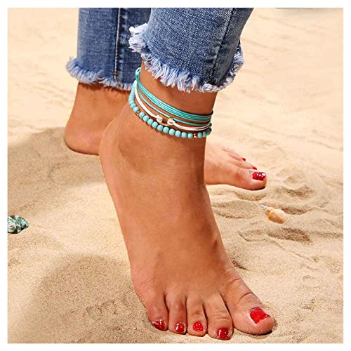 Inilbran Boho Turquesa Grano Tobillo Pulsera De Bolas De Cuentas Pulsera De La Vendimia En Forma De U Cadena De Cera Tobillera De Cuentas Verde Pie De La Cadena De Joyería Para Las Mujeres Y Las 3pc