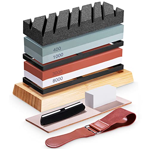FAOKZE Profesional Piedra Afilar Cuchillos, Kit de Piedra de Afilar 400/1000 3000/8000 Grit para Cuchillos de Cocina, Con Base Antideslizante de Bambú, Guía de ángulo y piedra de aplanamiento