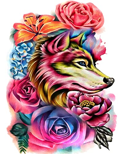 Pintura por números para adultos o niños, kit de pintura al óleo en lienzo para Biginner con pinceles, pigmento acrílico, pintura de dibujo, 40 x 50 cm (lobo y rosa)