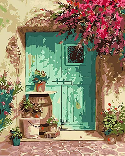 Hjjdiyes Pintura por números para adultos, principiantes, paisaje, 40 x 50 cm, kit con lienzo sin arrugas, pinceles y pintura acrílica, pintura al óleo para regalo/decoración del hogar (puerta azul)