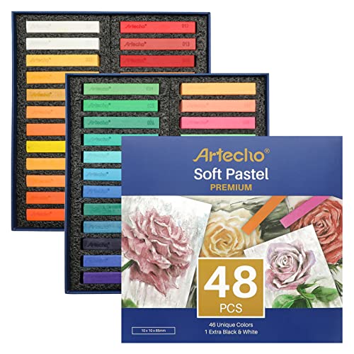 Artecho Tiza Pastel 48 Piezas, Soft Pastel 46 Colores, Incluidos 4 Colores Fluorescentes, Blanco y Negro Extra Gratis, Ideal para Principiantes y Artistas.