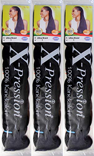 X-pression - Ultra Braid - Extensión de pelo para trenzar 208 cm, 165 g por paquete (3 paquetes), color 1