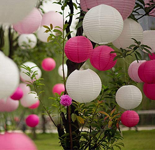 EQLEF - Farolillos Redondos de Papel para decoración de Fiesta de Navidad, cumpleaños, Boda, Color Blanco y Rosa Rojo (10 Piezas de 20 cm)