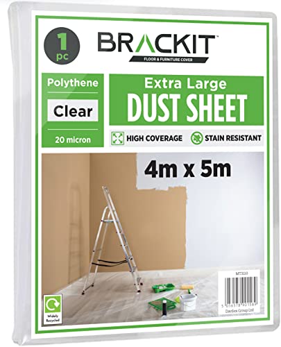 Brackit Hoja de plástico grande para decoración – 5 x 4 m (16 x 13 pies) – 20 micras – Hojas de plástico blanco en relieve para pintar – Hojas de plástico impermeables para pintar y cubrir