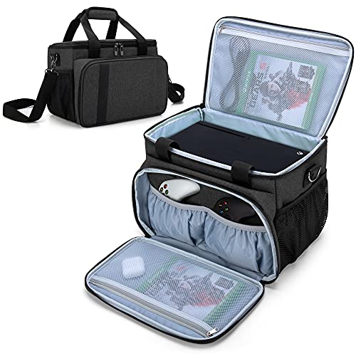 CURMIO Bolsa Xbox, Maleta Xbox, Bolsa de Transporte Compatible con Xbox Series X Consola de Juego y Accesorios, Bolsa Bandolera Adjustable para Controladores, Cables, Auriculares,Negro,Sólo Bolsa