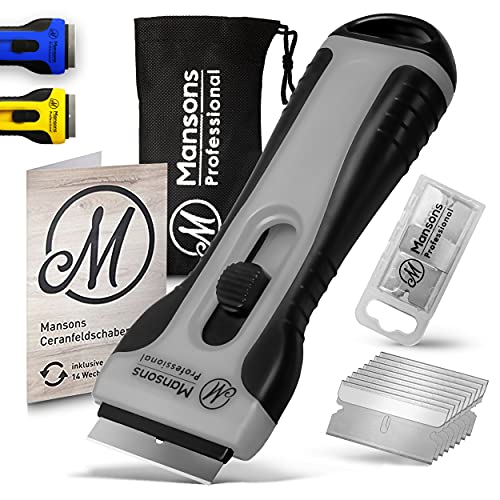 Mansons Rasqueta vitroceramica con 15 Piezas Cuchillas Acero - Rascador de Vidrio y vitrocerámica - Raspador Especial para Vitro-Cerámicas y Placas de Inducción (Gris)