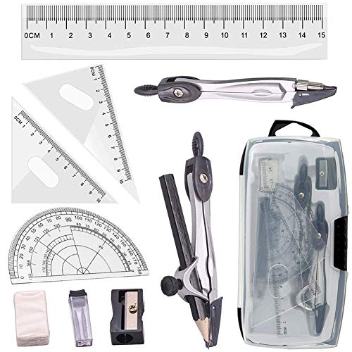 INTVN Set de Geometría de 10 Piezas, Incluye Reglas Prolongador Lápiz de Brújula Plomo Replicas Lápiz, Borrador para Escuela y Oficina