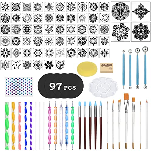 Kit de Pintura Mandala, Herramientas de Pintura de Mandala con Plantilla Mandala Varillas Acrílicas y Doble Cara Dotting Herramientas para Pintura en Roca, Manualidades, arte de uñas, etc (97 Piezas)